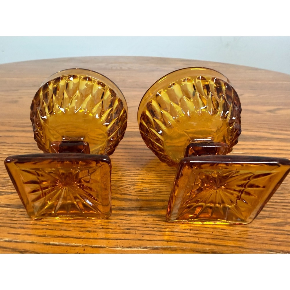 Vintage Amber Glass Sherbet Dessert Cups (2) Diamond Point Square Base Starburst - Picture 4 of 4
